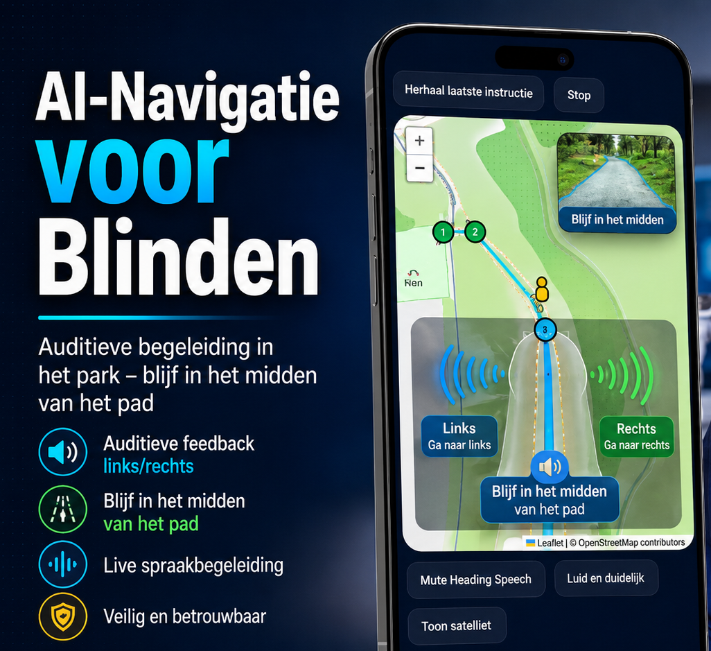 Stay On Trails in actie: AI-navigatie met visuele pijl en auditieve toon op een bospad.